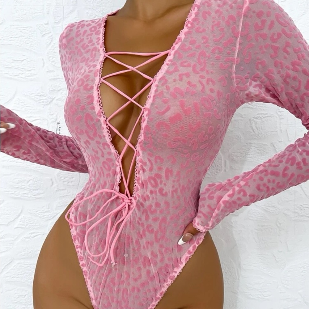 Leopard Print Lace Up Front Mesh Teddy Bodysuit